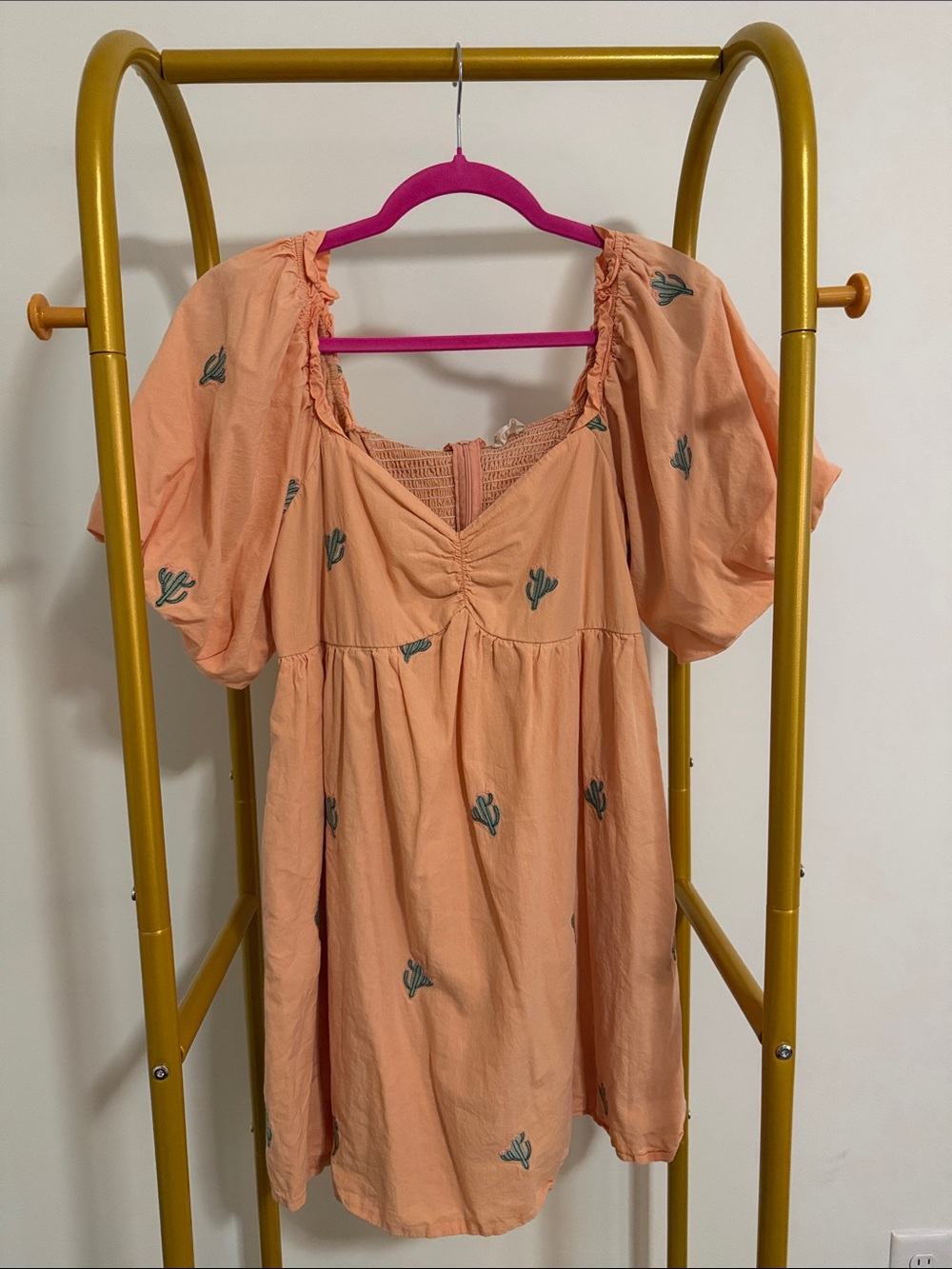 Altar'd State Peach Dress with Green Cactus Embroidery
